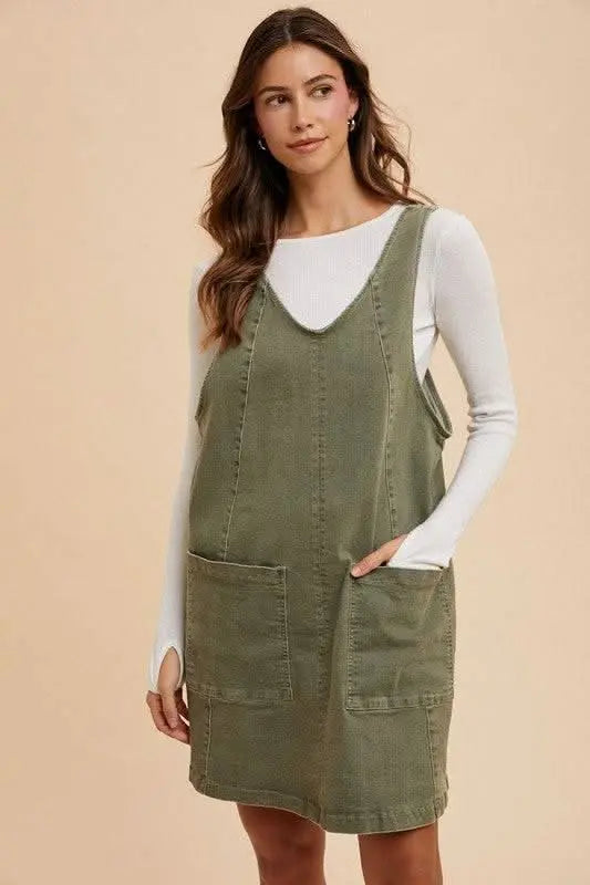 Annie Wear V - Neck Adjustable Strap Denim Overall Dress with Pockets - Sleekdenim.com