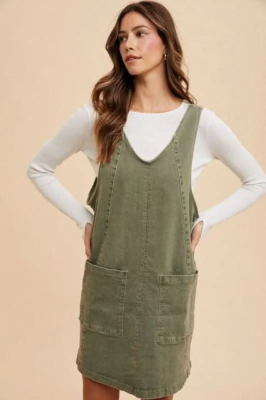 Annie Wear V - Neck Adjustable Strap Denim Overall Dress with Pockets - Sleekdenim.com