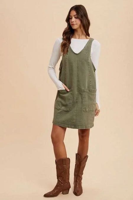 Annie Wear V - Neck Adjustable Strap Denim Overall Dress with Pockets - Sleekdenim.com