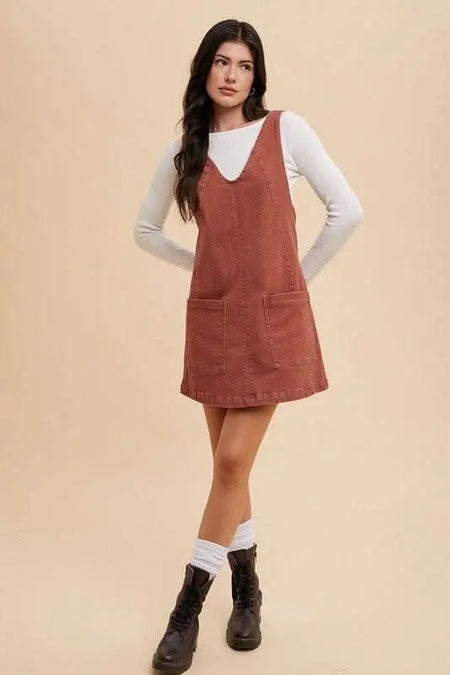 Annie Wear V - Neck Adjustable Strap Denim Overall Dress with Pockets - Sleekdenim.com