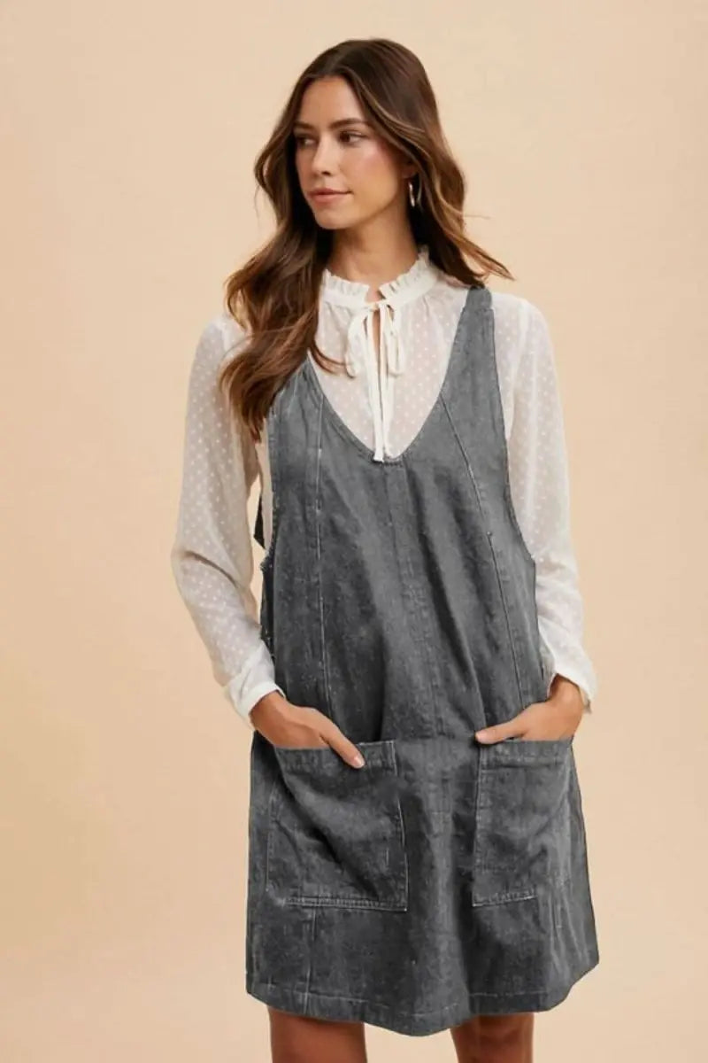 Annie Wear V - Neck Adjustable Strap Denim Overall Dress with Pockets - Sleekdenim.com