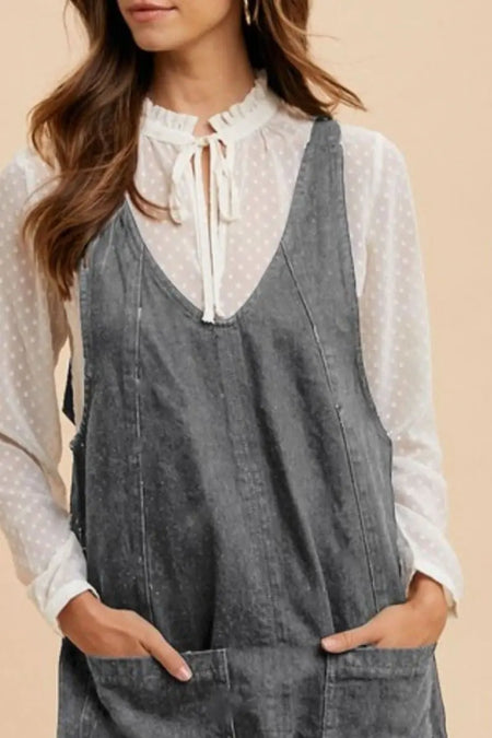 Annie Wear V - Neck Adjustable Strap Denim Overall Dress with Pockets - Sleekdenim.com