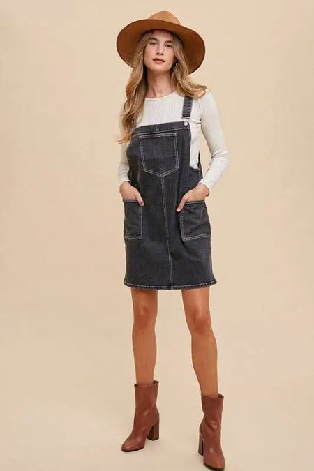 Annie Wear Wide Strap Denim Overall Dress with Pockets - Sleekdenim.com