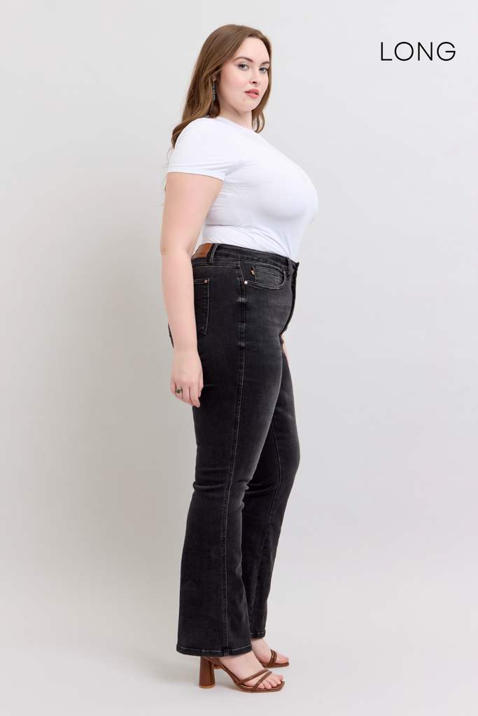 Judy Blue High Waist Tummy Control Black Bootcut Denim Jeans Long Length  88787– Sleekdenim.com