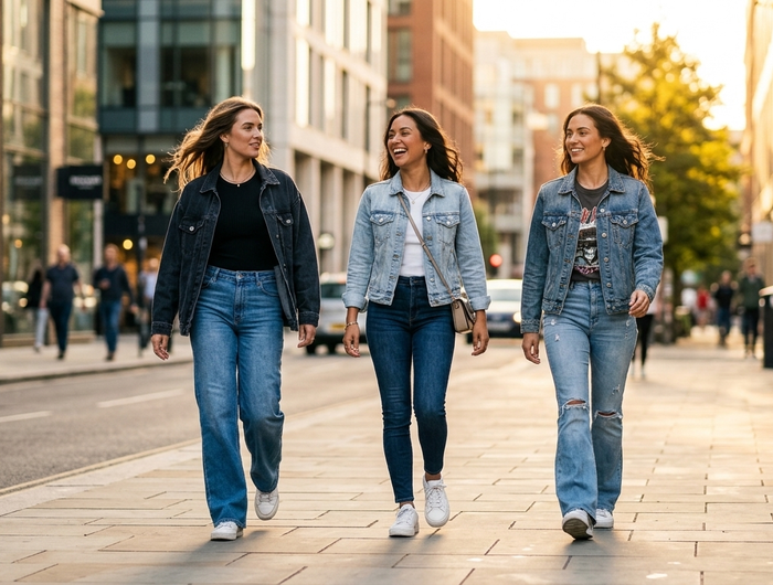 three women wearing jeans that fit perfectly