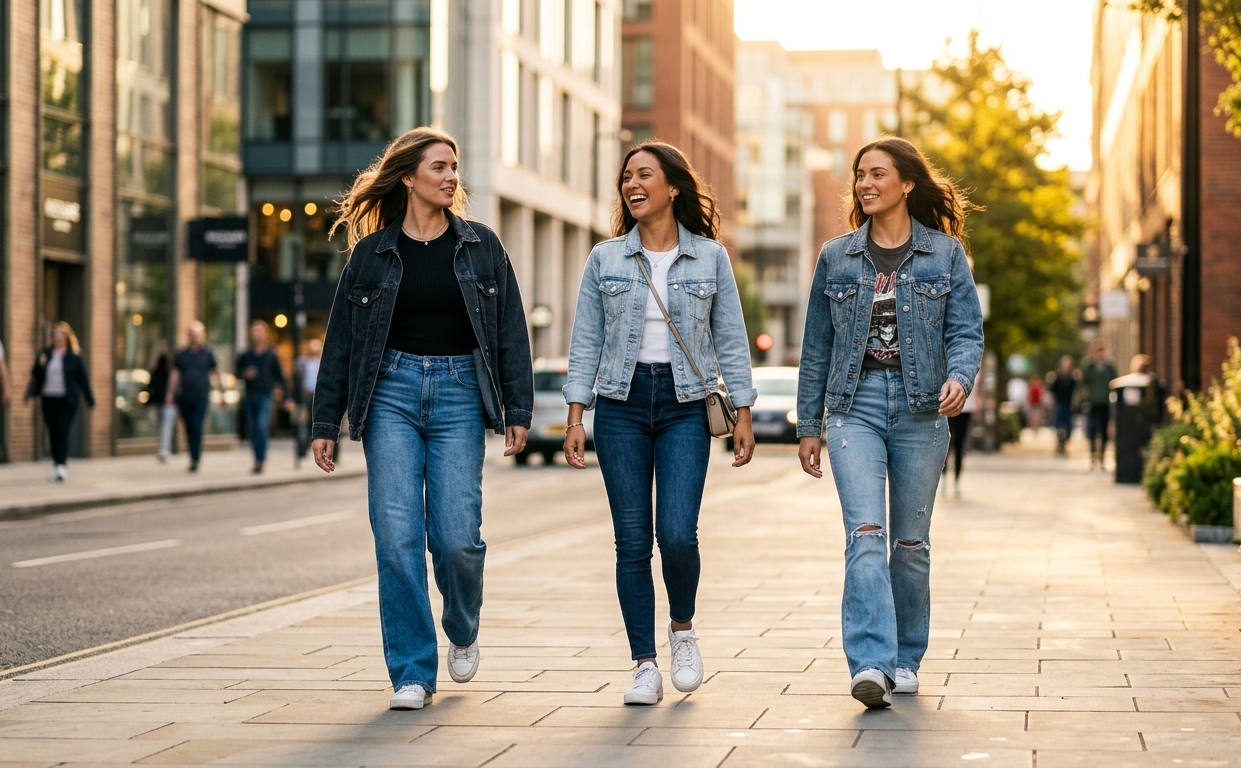 three women wearing jeans that fit perfectly