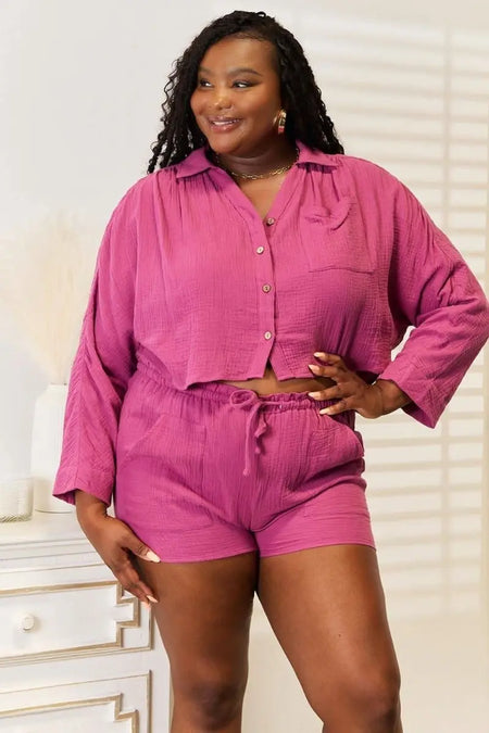 Basic Bae Buttoned Long Sleeve Top and Shorts Set - Sleekdenim.com