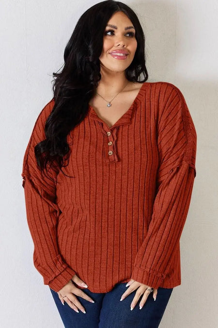 Basic Bae Full Size Ribbed Half Button Long Sleeve T-Shirt - Sleekdenim.com