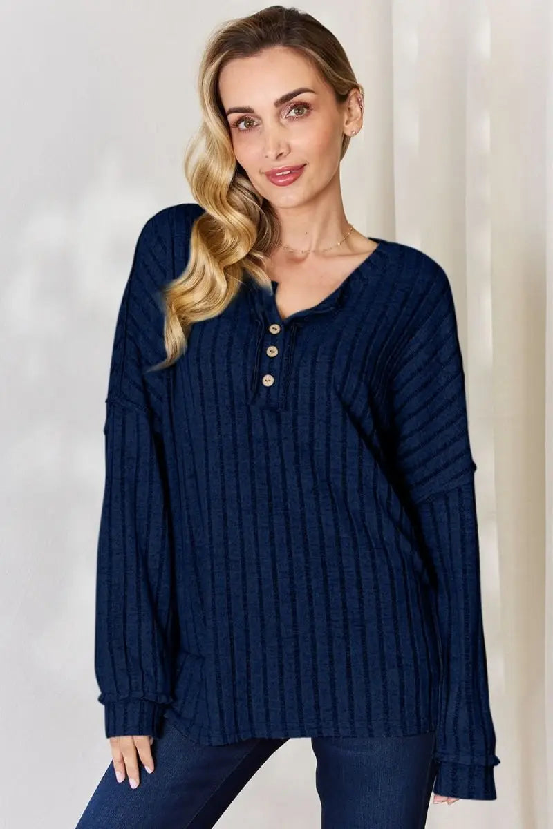 Basic Bae Full Size Ribbed Half Button Long Sleeve T-Shirt - Sleekdenim.com