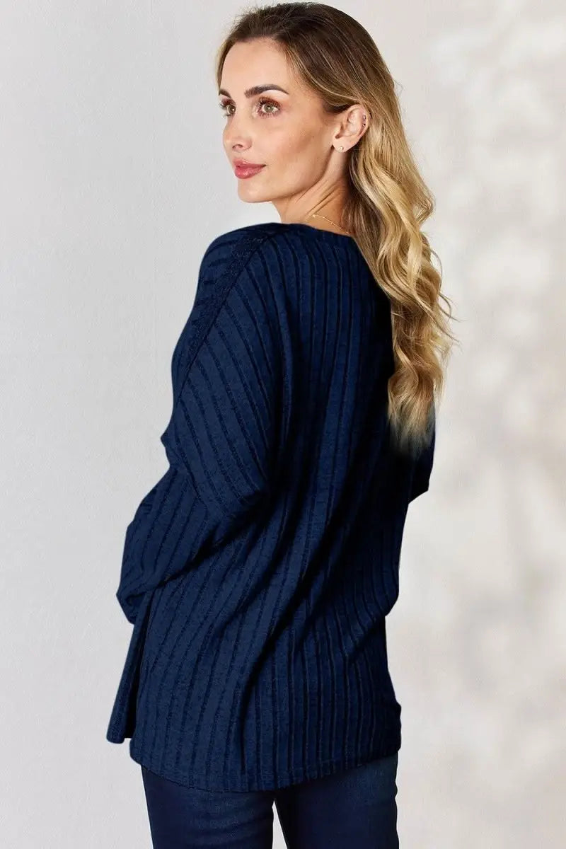 Basic Bae Full Size Ribbed Half Button Long Sleeve T-Shirt - Sleekdenim.com