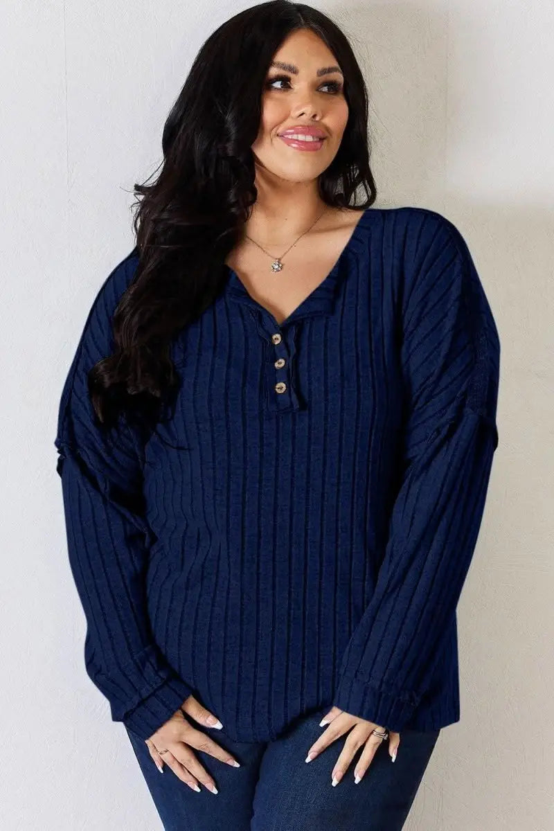 Basic Bae Full Size Ribbed Half Button Long Sleeve T-Shirt - Sleekdenim.com