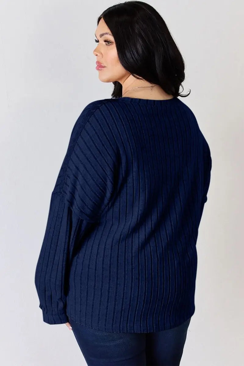 Basic Bae Full Size Ribbed Half Button Long Sleeve T-Shirt - Sleekdenim.com