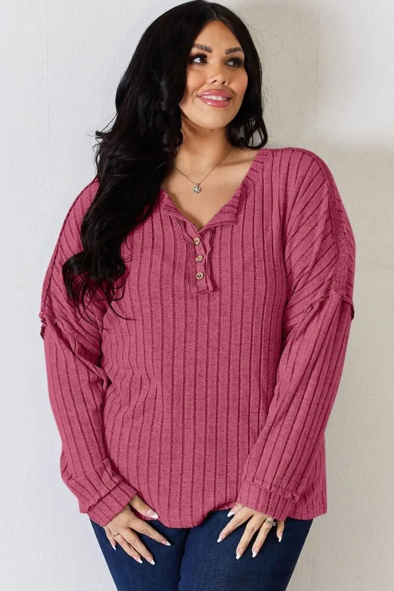 Basic Bae Full Size Ribbed Half Button Long Sleeve T-Shirt - Sleekdenim.com