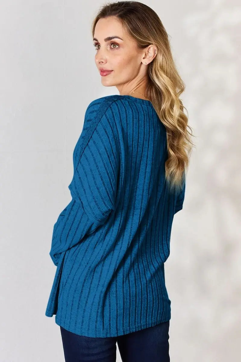 Basic Bae Full Size Ribbed Half Button Long Sleeve T-Shirt - Sleekdenim.com