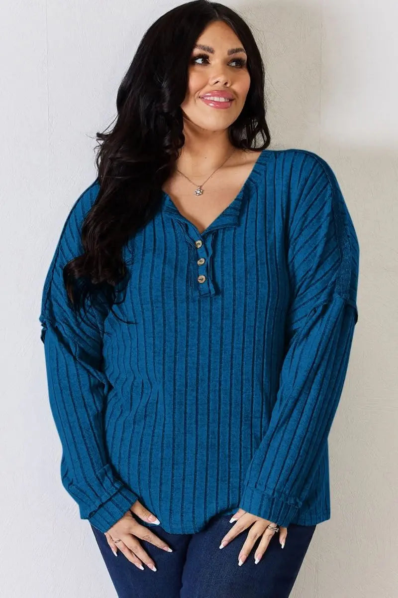 Basic Bae Full Size Ribbed Half Button Long Sleeve T-Shirt - Sleekdenim.com