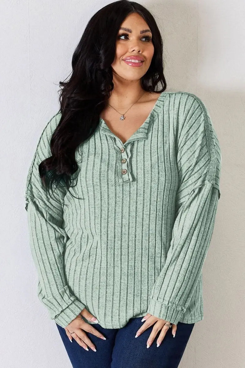 Basic Bae Full Size Ribbed Half Button Long Sleeve T-Shirt - Sleekdenim.com