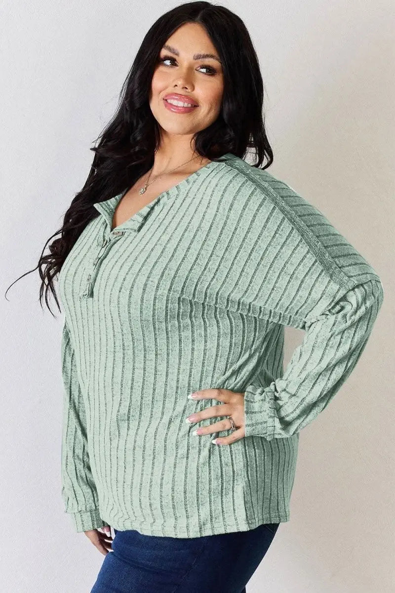 Basic Bae Full Size Ribbed Half Button Long Sleeve T-Shirt - Sleekdenim.com