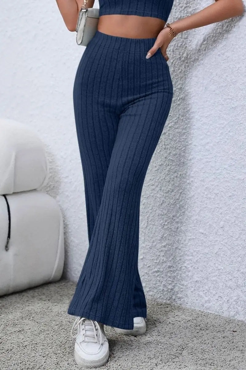 Basic Bae Full Size Ribbed High Waist Flare Pants - Sleekdenim.com