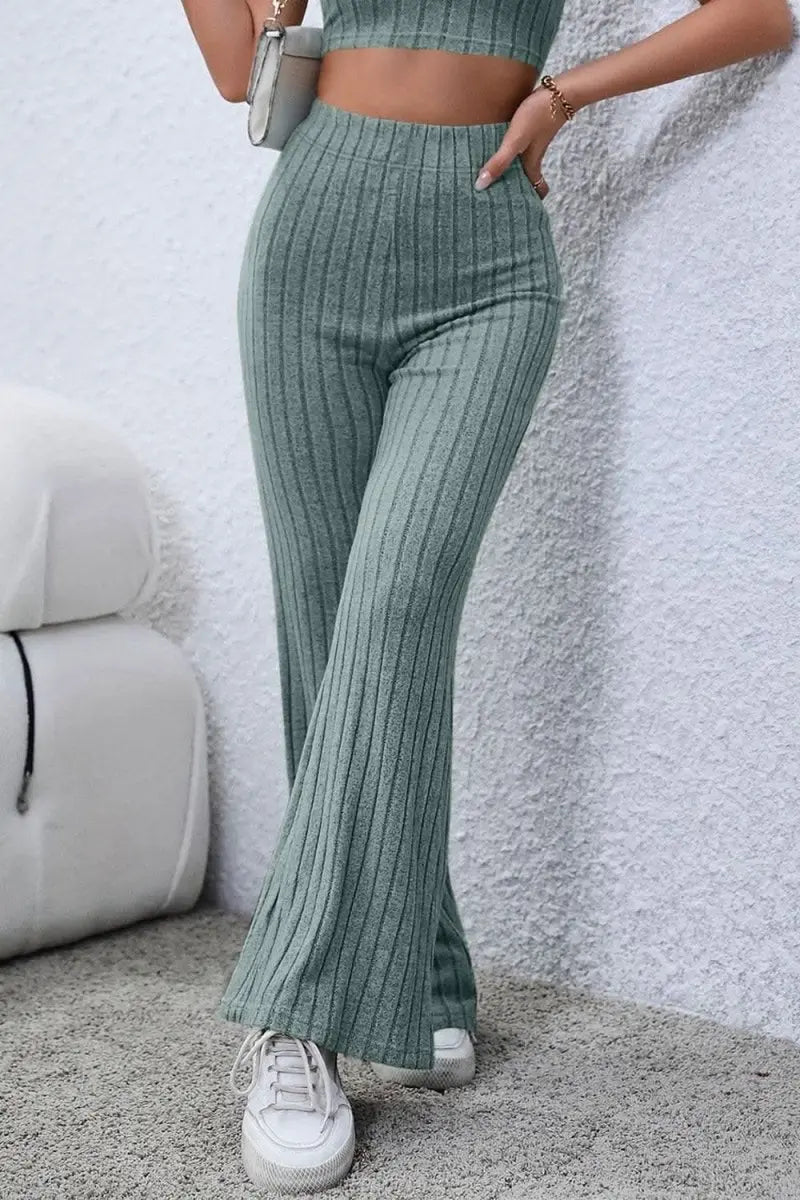 Basic Bae Full Size Ribbed High Waist Flare Pants - Sleekdenim.com