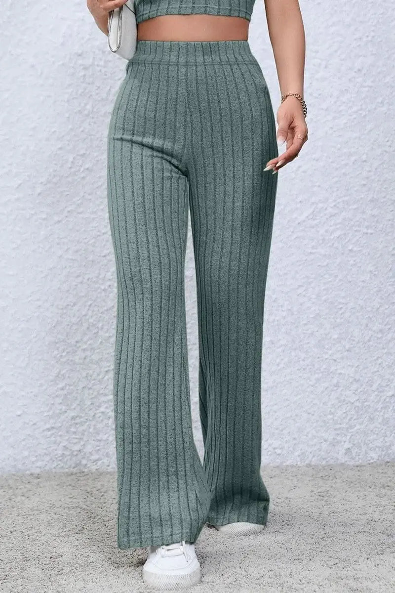 Basic Bae Full Size Ribbed High Waist Flare Pants - Sleekdenim.com