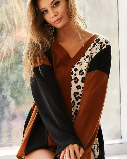 BiBi Brushed Thermal Color Block Top With Leopard - Sleekdenim.com