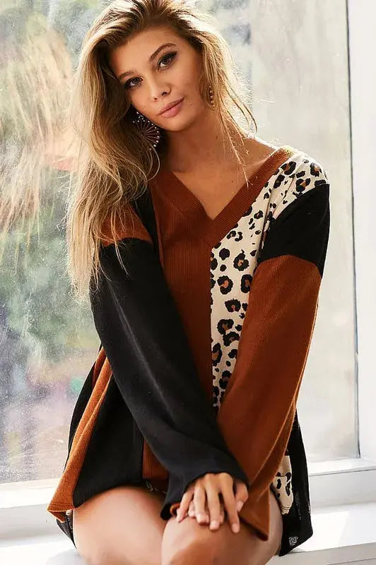 BiBi Brushed Thermal Color Block Top With Leopard - Sleekdenim.com