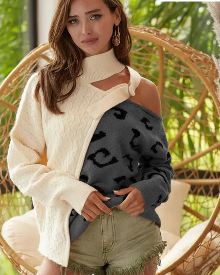 BiBi Cable-Knit Color Block One Shoulder Asymmetrical Sweater - Sleekdenim.com