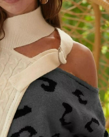 BiBi Cable-Knit Color Block One Shoulder Asymmetrical Sweater - Sleekdenim.com