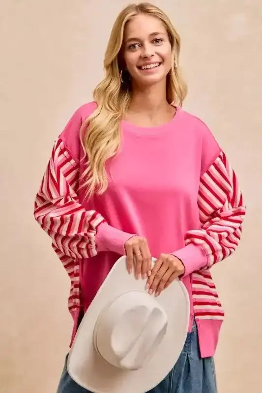BiBi French Terry Stripe Combo Sweatshirt with Open Seam
