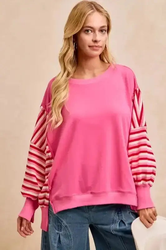 BiBi French Terry Stripe Combo Sweatshirt with Open Seam