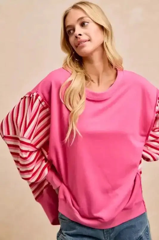 BiBi French Terry Stripe Combo Sweatshirt with Open Seam