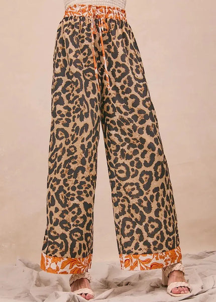 BiBi Leopard Print With Contrast Banded Wide Pants - Sleekdenim.com