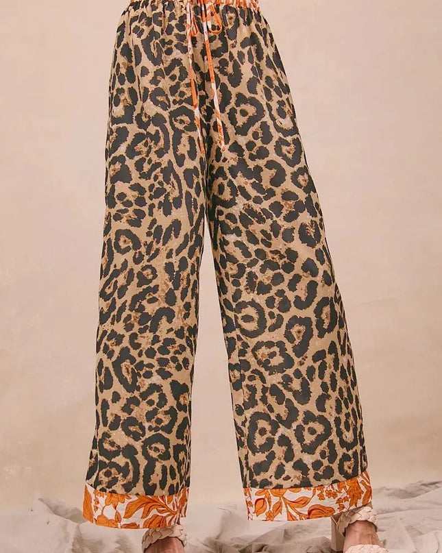 BiBi Leopard Print With Contrast Banded Wide Pants - Sleekdenim.com