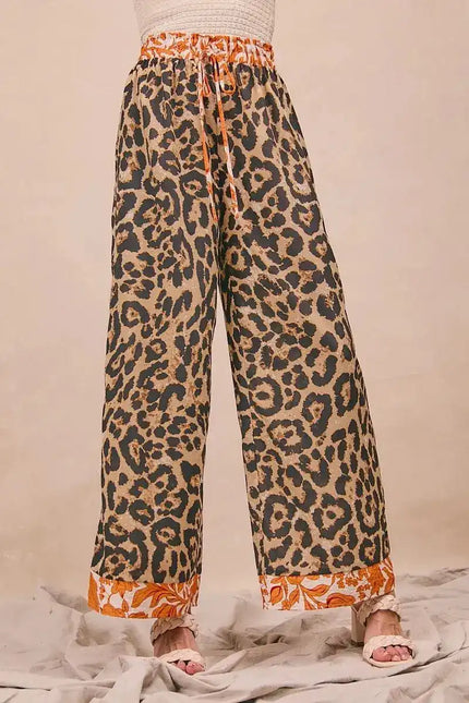 BiBi Leopard Print With Contrast Banded Wide Pants - Sleekdenim.com