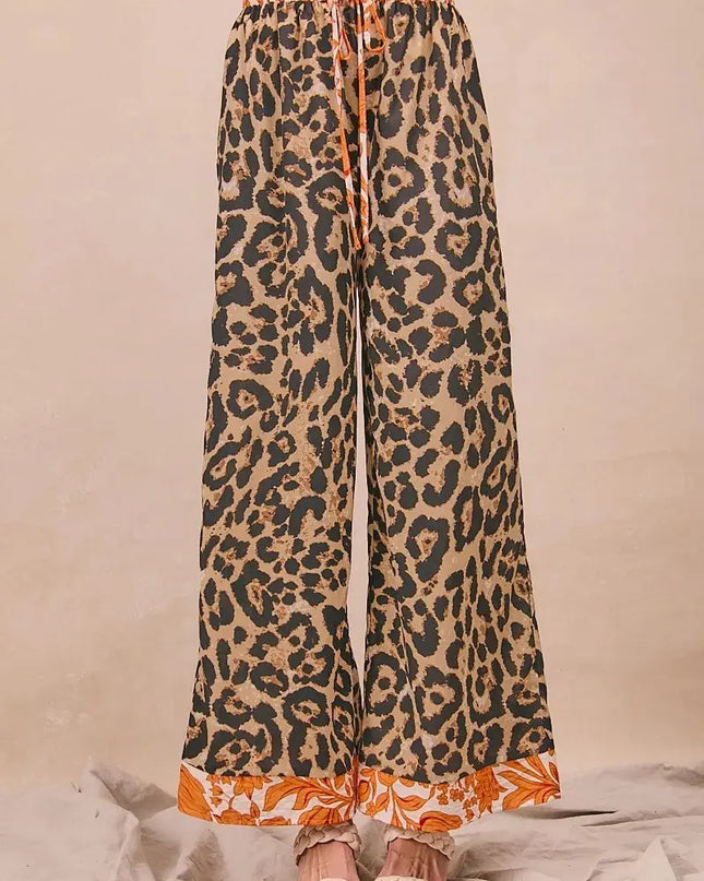 BiBi Leopard Print With Contrast Banded Wide Pants - Sleekdenim.com