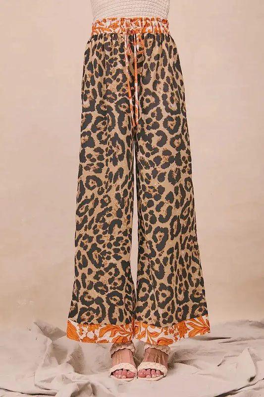 BiBi Leopard Print With Contrast Banded Wide Pants - Sleekdenim.com