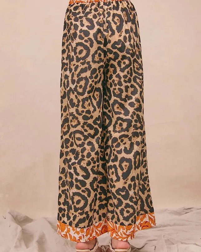 BiBi Leopard Print With Contrast Banded Wide Pants - Sleekdenim.com