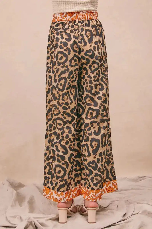 BiBi Leopard Print With Contrast Banded Wide Pants - Sleekdenim.com