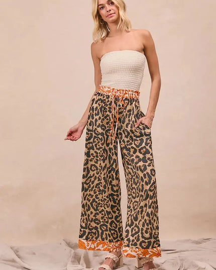BiBi Leopard Print With Contrast Banded Wide Pants - Sleekdenim.com