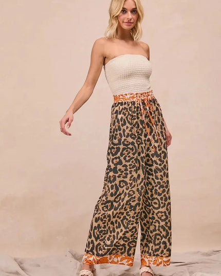BiBi Leopard Print With Contrast Banded Wide Pants - Sleekdenim.com