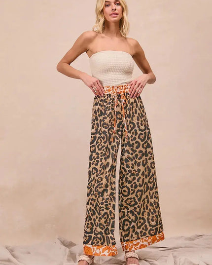 BiBi Leopard Print With Contrast Banded Wide Pants - Sleekdenim.com