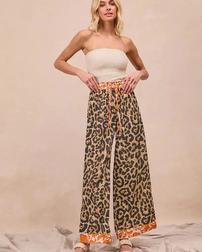 BiBi Leopard Print With Contrast Banded Wide Pants - Sleekdenim.com