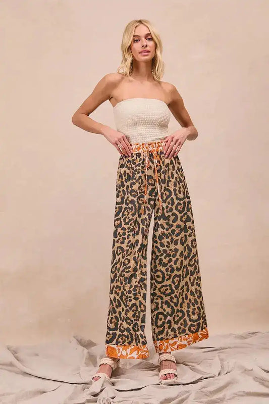 BiBi Leopard Print With Contrast Banded Wide Pants - Sleekdenim.com