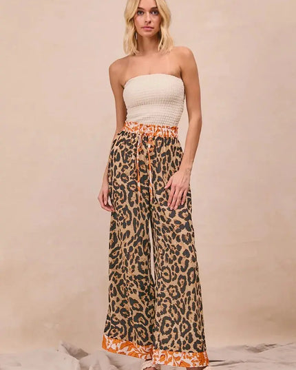 BiBi Leopard Print With Contrast Banded Wide Pants - Sleekdenim.com