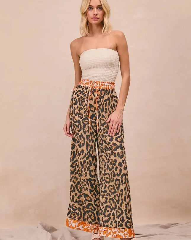 BiBi Leopard Print With Contrast Banded Wide Pants - Sleekdenim.com