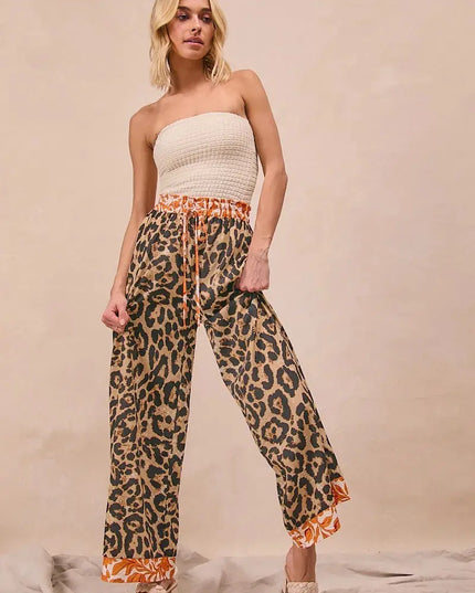 BiBi Leopard Print With Contrast Banded Wide Pants - Sleekdenim.com