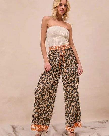 BiBi Leopard Print With Contrast Banded Wide Pants - Sleekdenim.com
