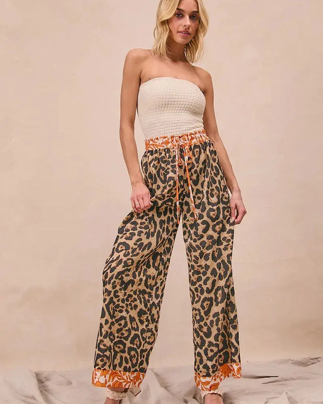 BiBi Leopard Print With Contrast Banded Wide Pants - Sleekdenim.com