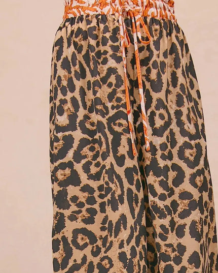 BiBi Leopard Print With Contrast Banded Wide Pants - Sleekdenim.com