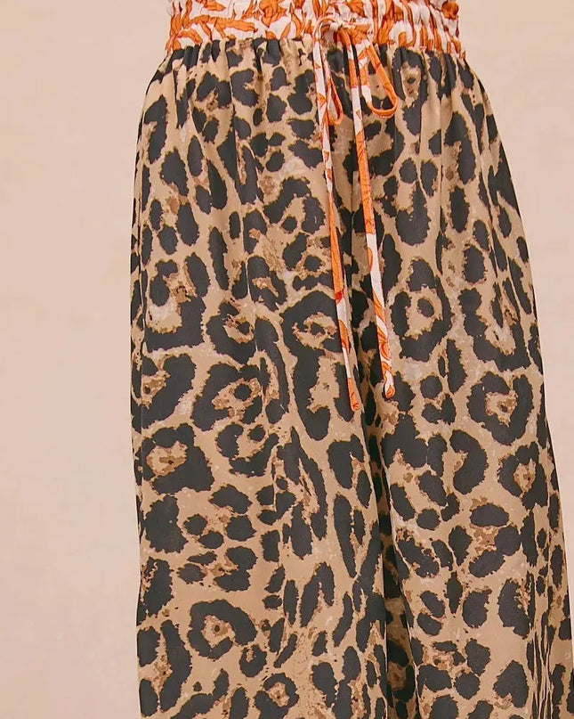BiBi Leopard Print With Contrast Banded Wide Pants - Sleekdenim.com